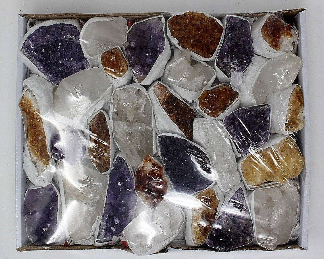 Set Of Amethyst Clear Quartz And Citrine Clusters