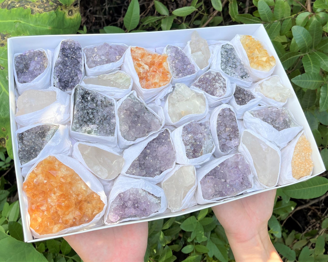 Set Of Amethyst Clear Quartz And Citrine Clusters