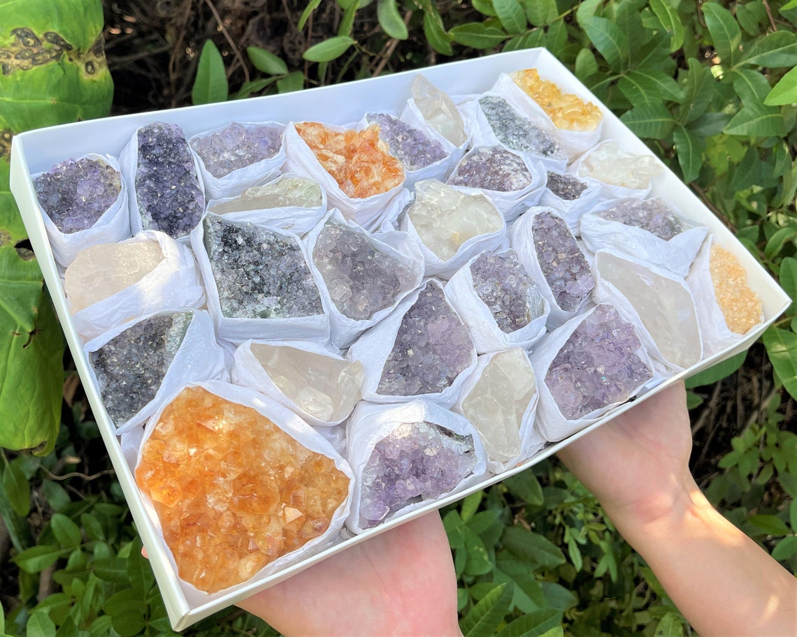 Set Of Amethyst Clear Quartz And Citrine Clusters