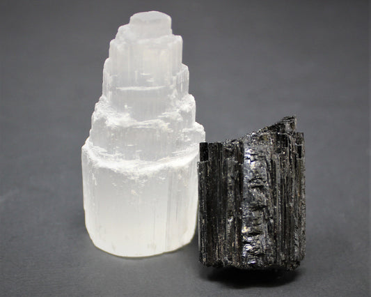 Selenite Tower And Extra Grade Dark Tourmaline Log