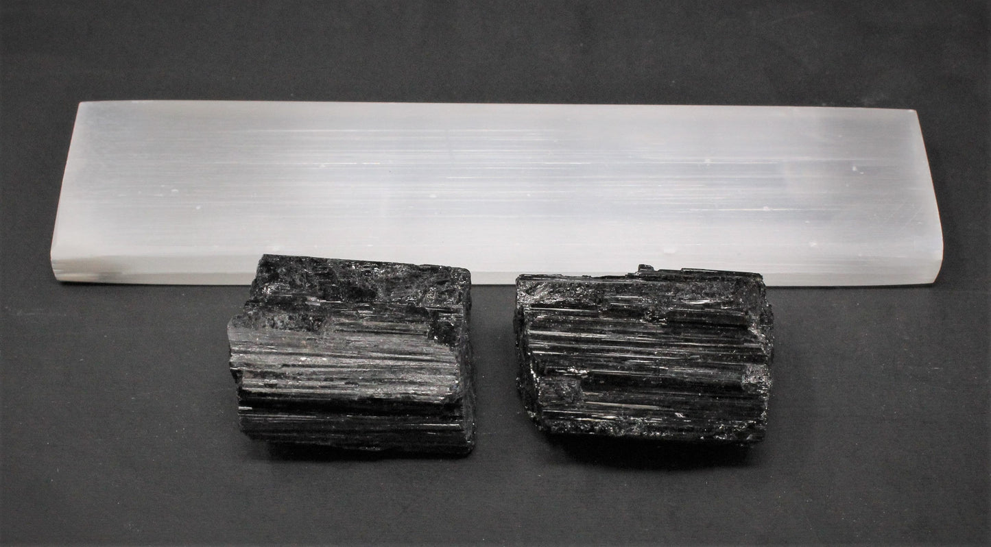 6 Polished Selenite Charging Station And 2 Black Tourmaline Logs