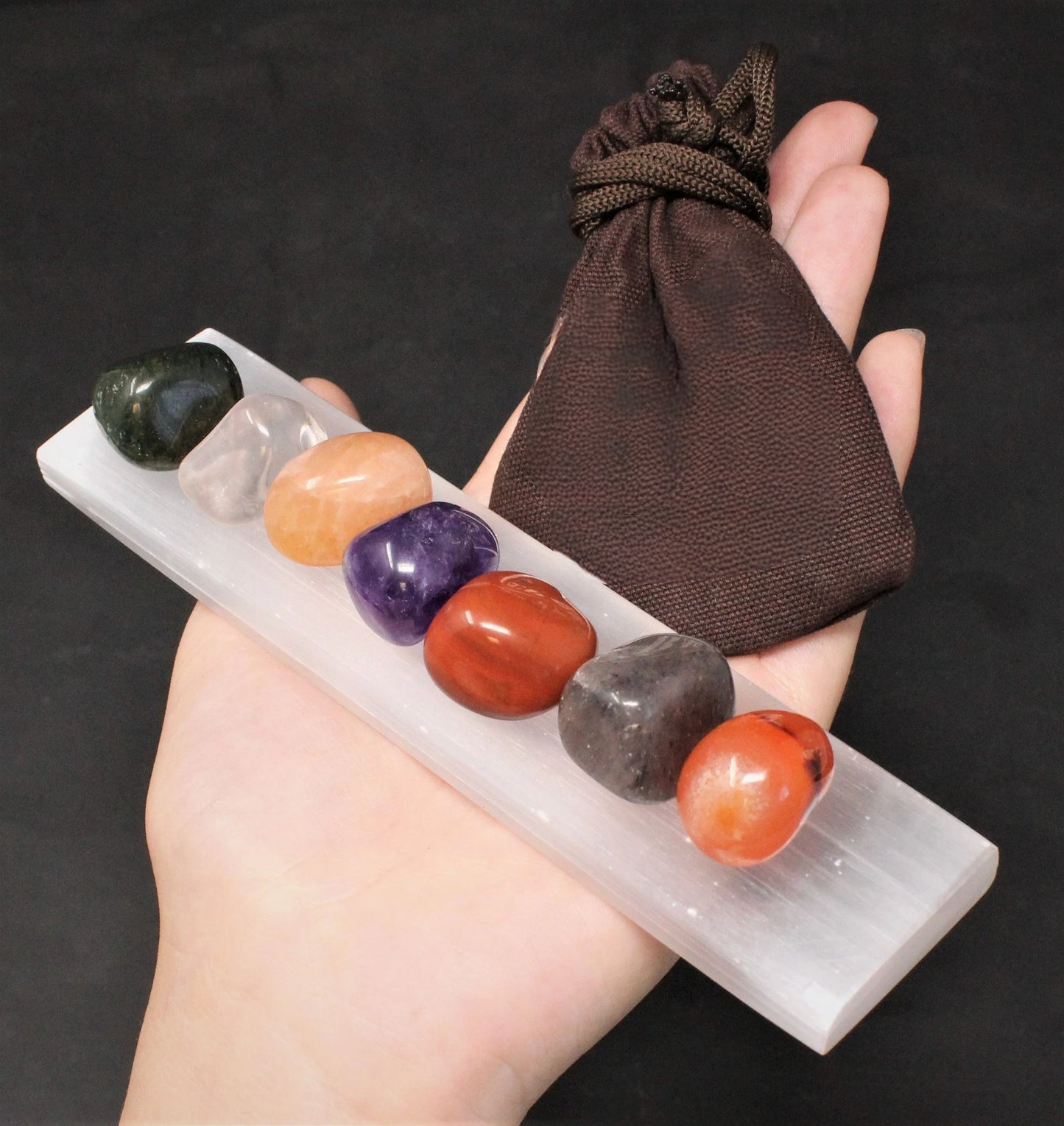 7 Tumbled Gemstones Chakra Set In Pouch With Crystal Plate