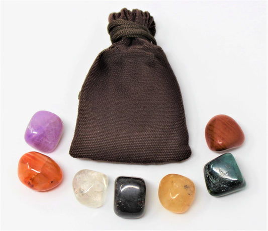 7 Tumbled Gemstones Chakra Set In Pouch With Crystal Plate