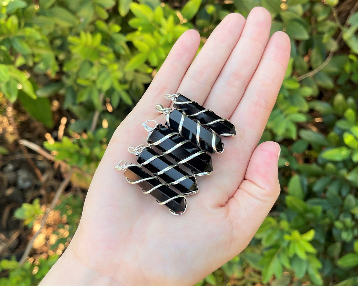 Obsidian Spiral Wire Wrapped Point Pendant