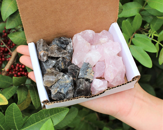 Natural Rough Smoky And Rose Quartz Gemstone Rock Box