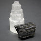 Selenite Tower And Extra Grade Black Tourmaline Log Crystal Kit