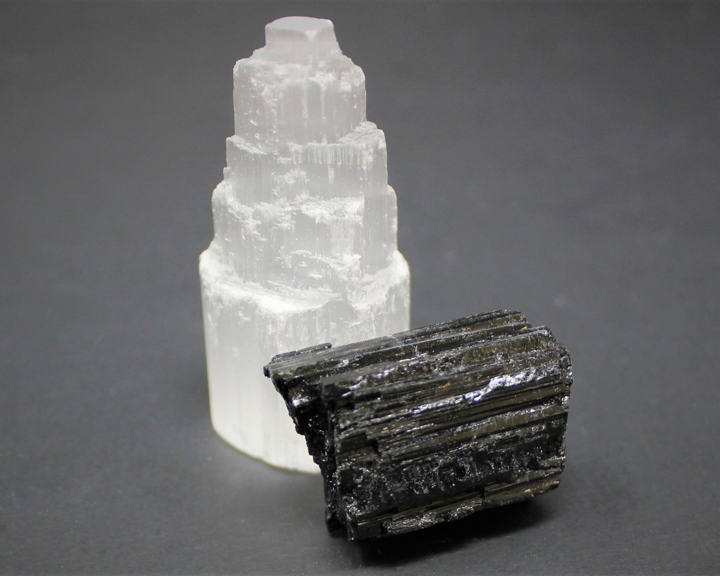 Selenite Tower And Extra Grade Black Tourmaline Log Crystal Kit