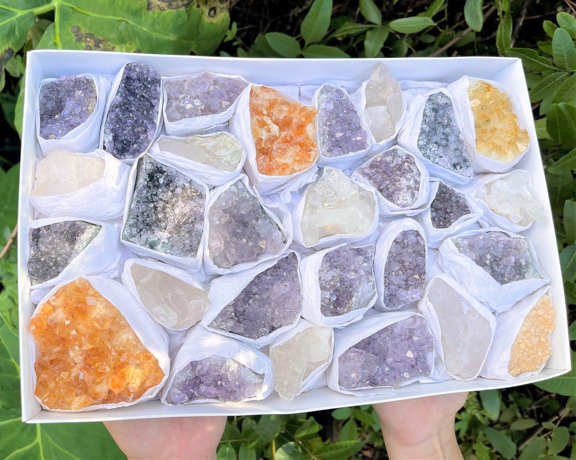 Set Of Amethyst Clear Quartz And Citrine Clusters