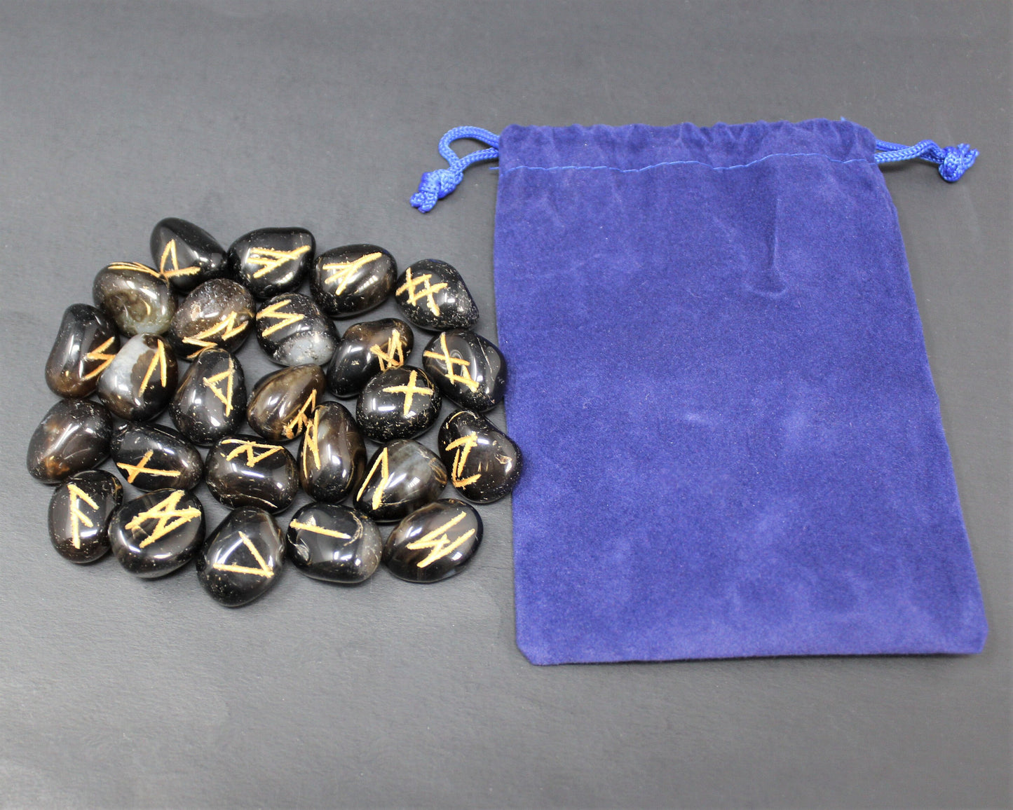Pitch Onyx Rune Stone Set And Velvet Storage