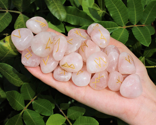 Rose Quartz Rune Stone Set With Storage Pouch