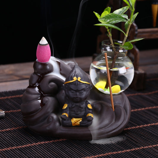 Monk With Pot Aromatherapy Waterfall Incense Burner With 20 Cones
