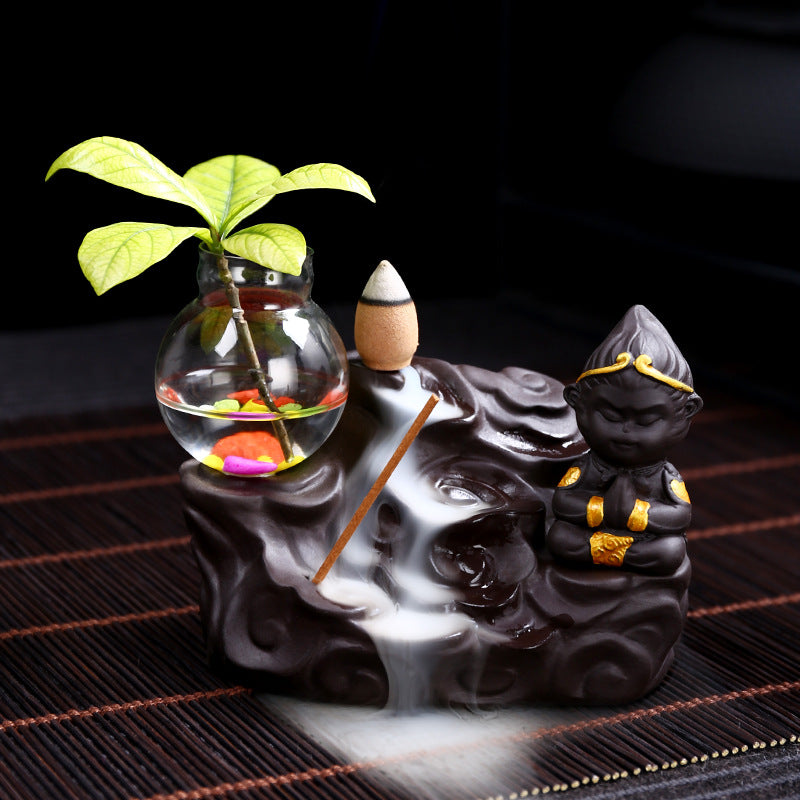 Brown Monk With Pot Aromatherapy Waterfall Incense Burner